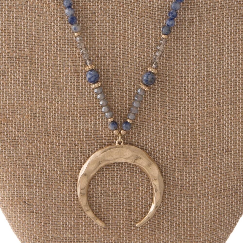 Long Gold Toned Blue Beaded Moon Horn Pendant Necklace 30"